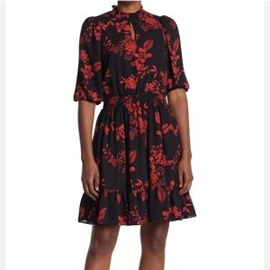 NANETTE LEPORE Floral Smocked Waist Mock Neck Dress